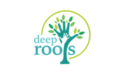Deep Roots logo with a blue tree and a green circle around it. Blue Tree has green and light green leaves. Deep roots lettering is written in blue.