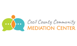 Cecil County Community Mediation Center Logo with cursive writing in blue and orange. Green and blue thought bubbles with dots in the inner circle.