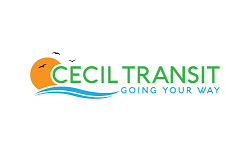 Cecil Transit Logo is written in uppercase green writing with an orange sun with black birds circling. Blue uppercase letters spell Going your way.