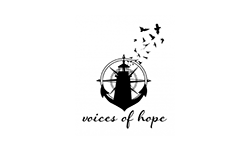 Voices of hope black logo with a black sinker with a surrounding compass and black birds flying into the air.