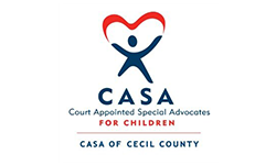 CASA logo with blue person at the top holding a Red heart. Casa is written in Blue uppercase lettering with blue uppercase lettering that says casa of Cecil County.