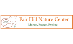 Fair Hill Nature Center Rectangular Logo with a fox in purple and Lettering in Red and Blue.