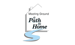 Meeting Ground logo, a path to home written in black with a house as the out picture with words inside.