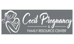 Cecil County Pregnancy Center Family Resource Center Written in Cursive and manuscript white lettering. To the left is a mother holding her baby also outlined in white with a butterfly on the mother’s shoulder.