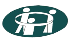 Bayside Community Network Oval Logo with three people colored in white holding hands appearing to be spinning together.