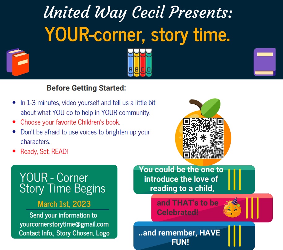 Your Corner story Time Informational Guide with colored books stacked together explaining the love of reading to be celebrated and to have fun. Boxes with different information pieces in the middle with start dates. Orange colored Apple with black and white QR code in the center.