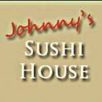 Johnny’s Sushi House Logo. Johnny’s Written in cursive Red Color. Sushi House written in Upper Case White Lettering with Cream background.
