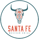 Santa Fe Mexican Grill Circular Log. Bull in blue and red coloring, with upper case Santa Fe written in red lettering with Mexican Grill written in Blue coloring.