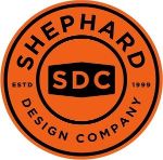 Orange circle with the words SHEPHARD DESIGN COMPANY around the outside in black.  Initials SDC in middle of circle in black box with orange letters.