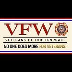 Logo for VFW Veterans of foreign wars in red, white and blue colors with seal.  Words NO ONE DOES MORE FOR VETERANS across bottom.