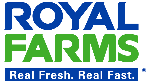 Royal Farms Logo with Royal Written in Blue, Farms written in Green and Real Fresh. Real Fast written in white with a blue background.