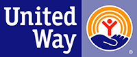 United Way logo with gold colored rainbow, red person being held on blue hand. White United Way lettering with blue background.